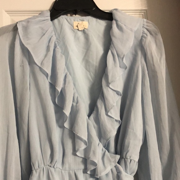 Lena Ruffled V-Neck Puff Sleeve Button Wrist True Wrap Mini Dress in Light Blue - Picture 5 of 12